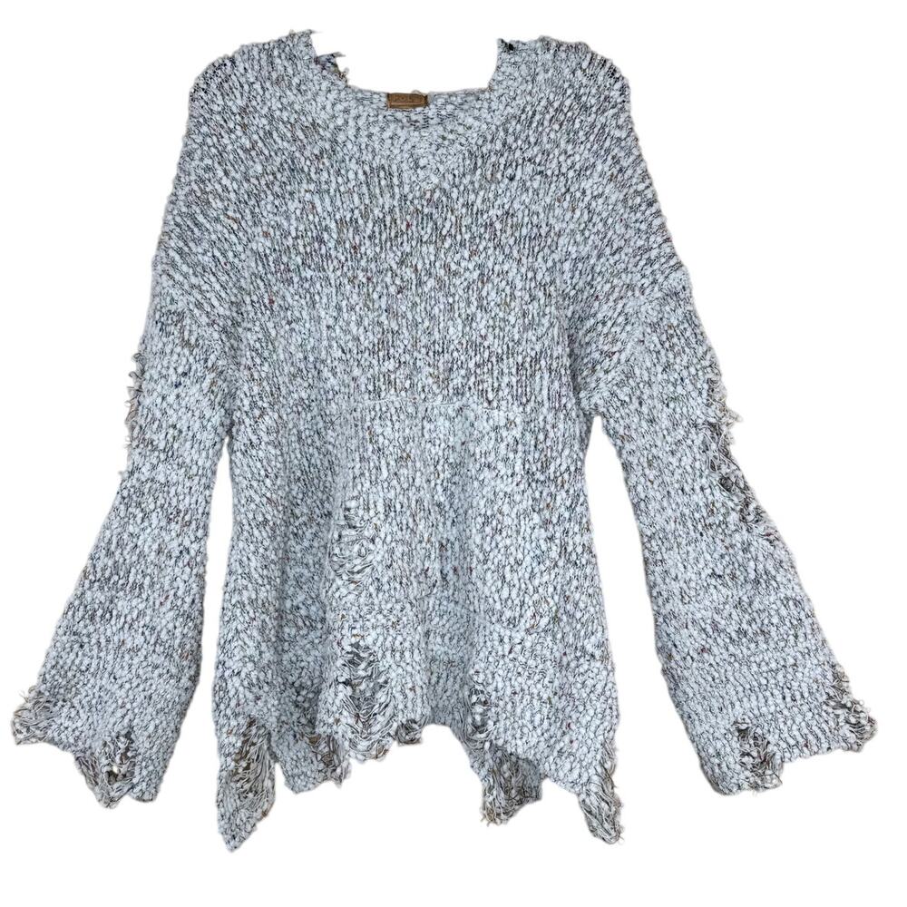 POL Distressed Confetti Knit Hooded Pullover Sweater Cottagecore Boho Chunky M